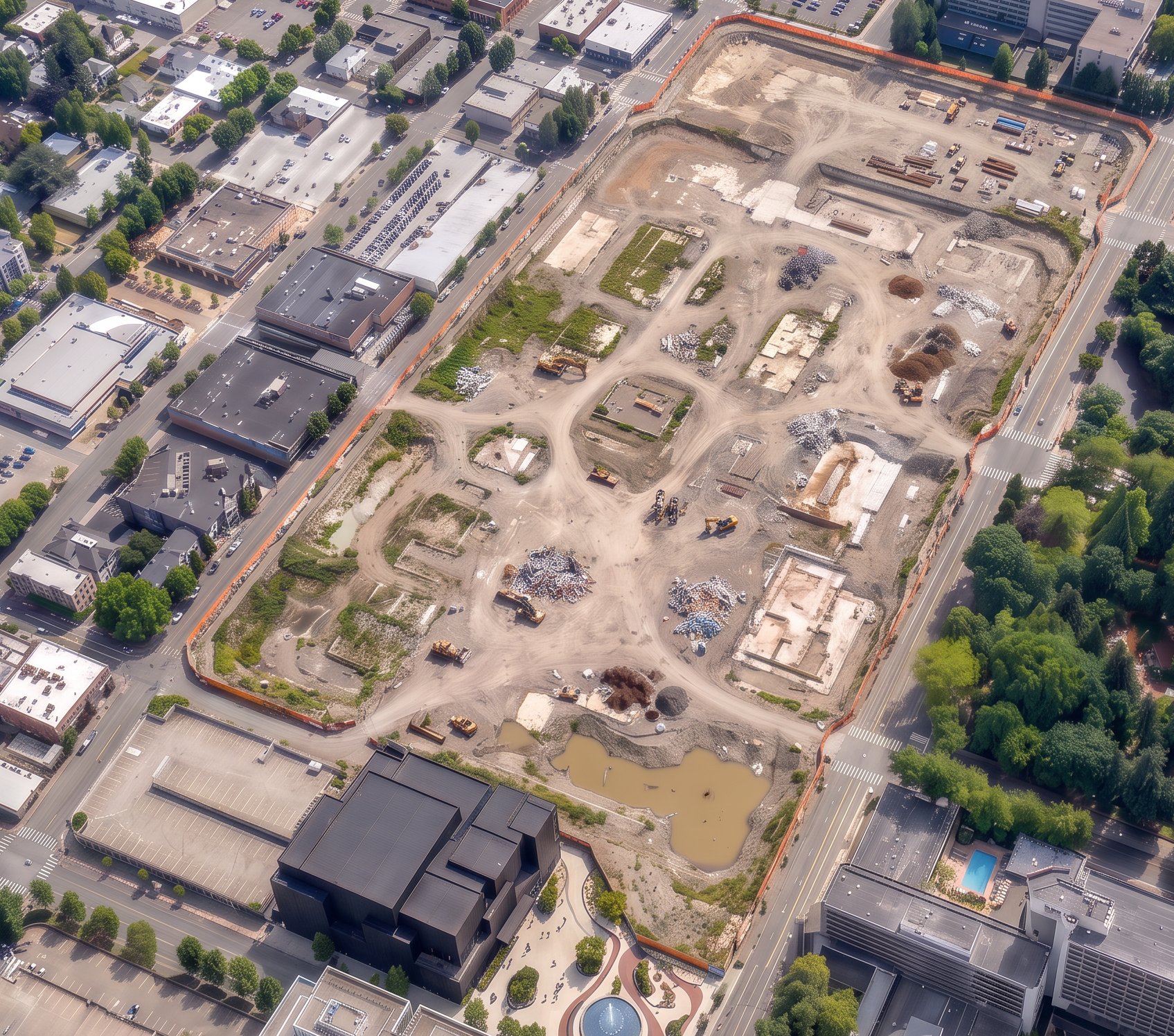 Aerial of a cleared construction site: graded earth, equipment, and piles of material inside a fence, beside a dark building and a plaza.