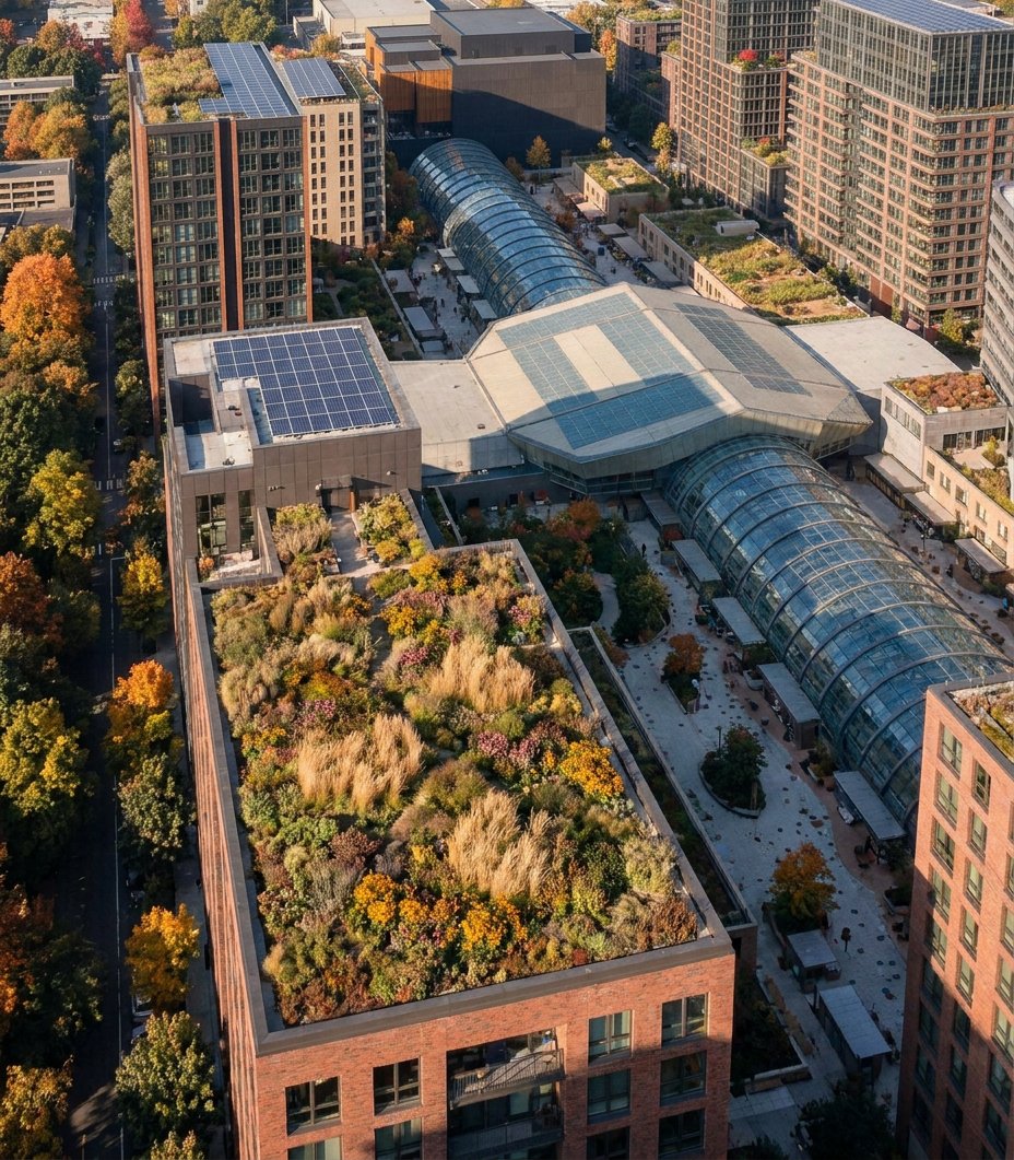 Aerial concept view of mixed-use perimeter blocks around the retained core, with green roofs and reconnected streets.