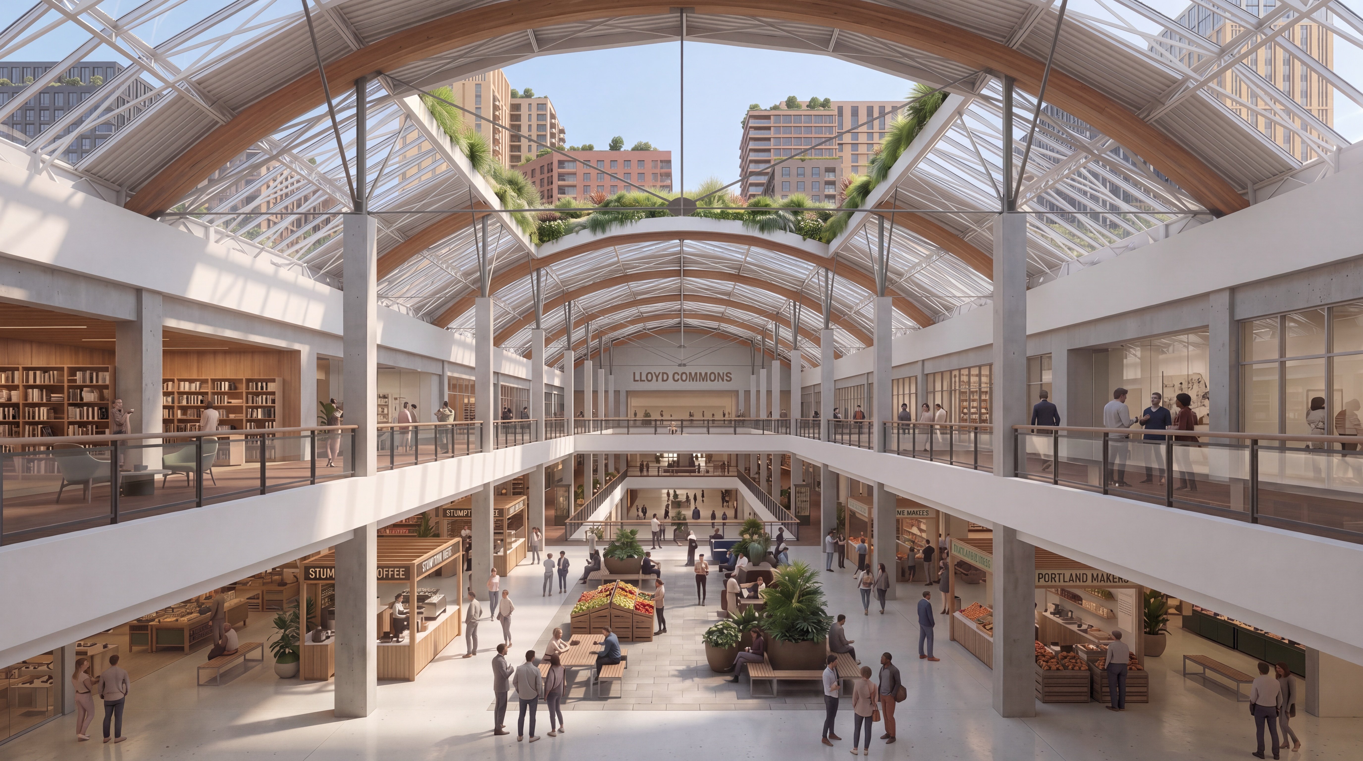 Street-level civic promenade in the Lloyd Commons concept: people on a planted walk between mixed-use blocks, with the retained galleria and district beyond.