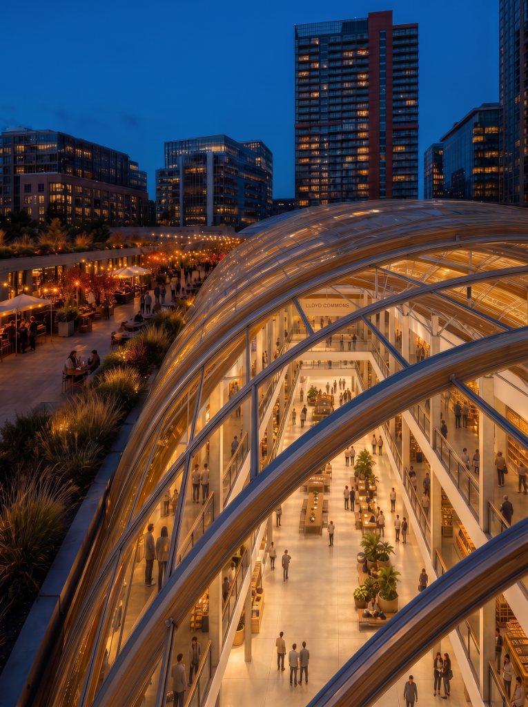 Inside the galleria at blue hour: a sweeping glass-and-steel barrel vault over a multi-story atrium, with a planted terrace and diners looking out over the city.