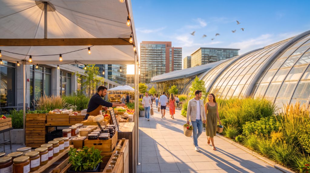 A roof-market scene on the elevated commons: a produce stall under a canopy, people strolling, a large arched greenhouse behind, planted borders, city towers beyond.