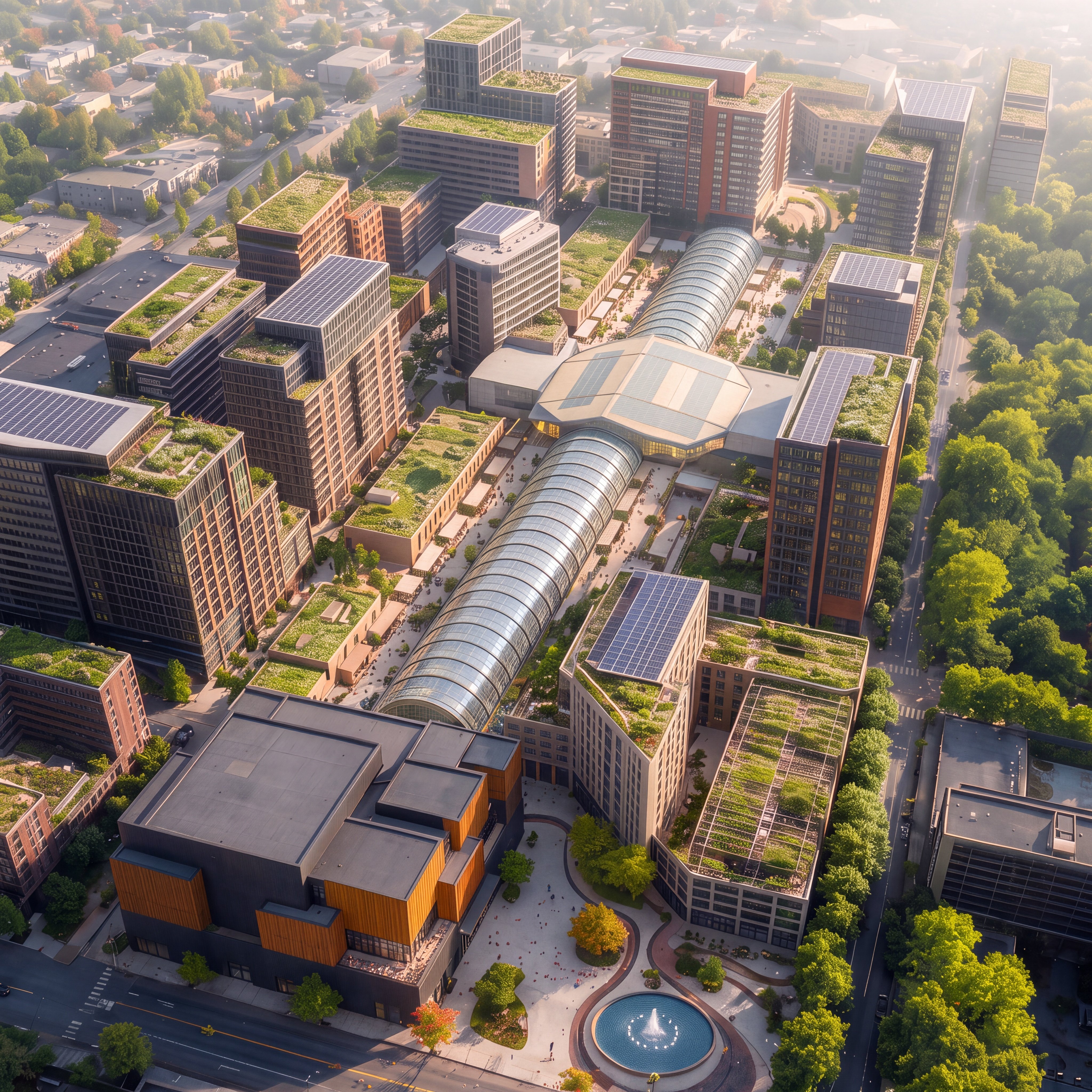 Low aerial at dawn of the Lloyd Commons concept: a glass-vaulted galleria at the center, perimeter blocks with green roofs and solar arrays, and a circular plaza with a fountain.