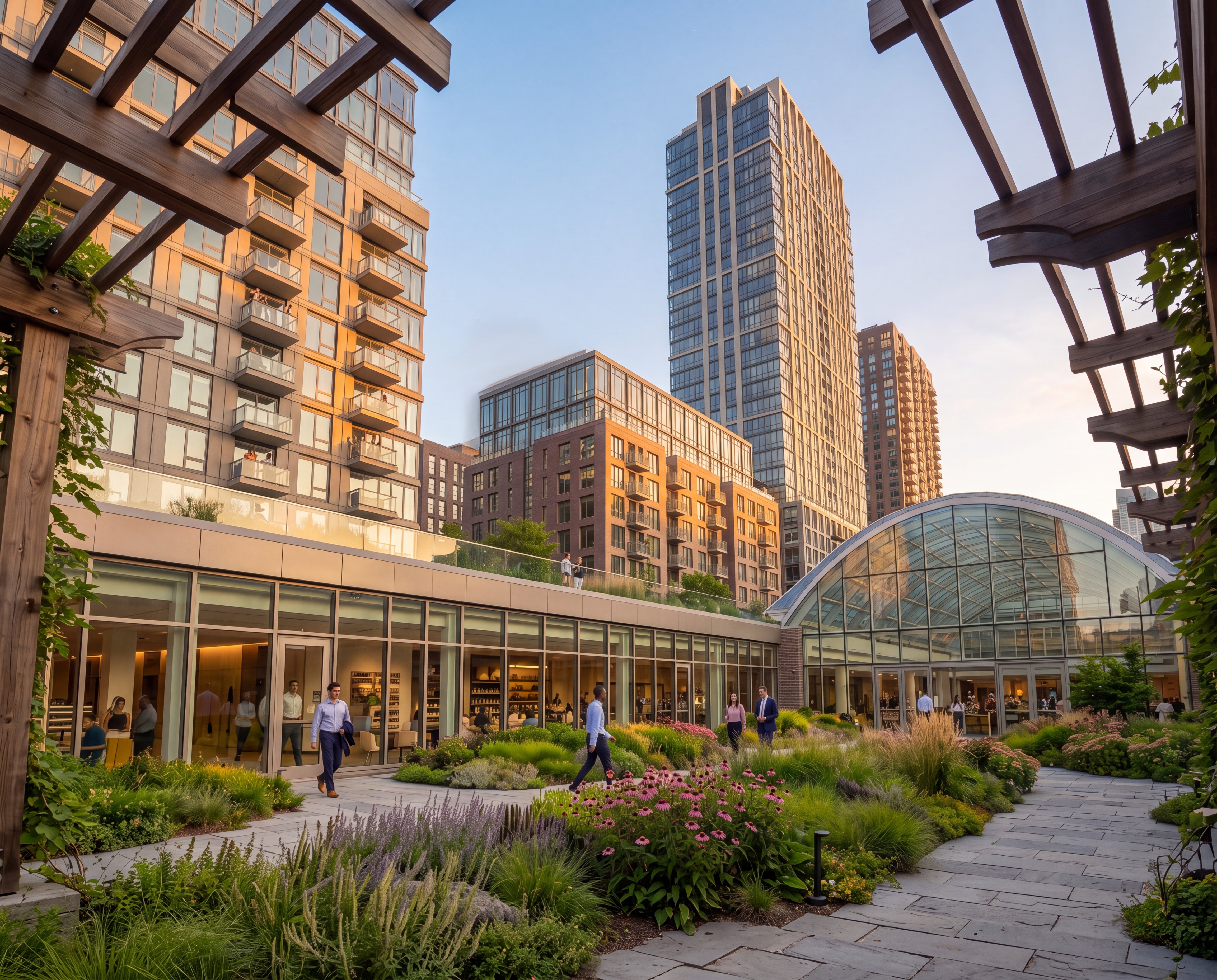 A planted rooftop walk connecting the residential blocks to a glass-arched pavilion, with people on the path and towers beyond.
