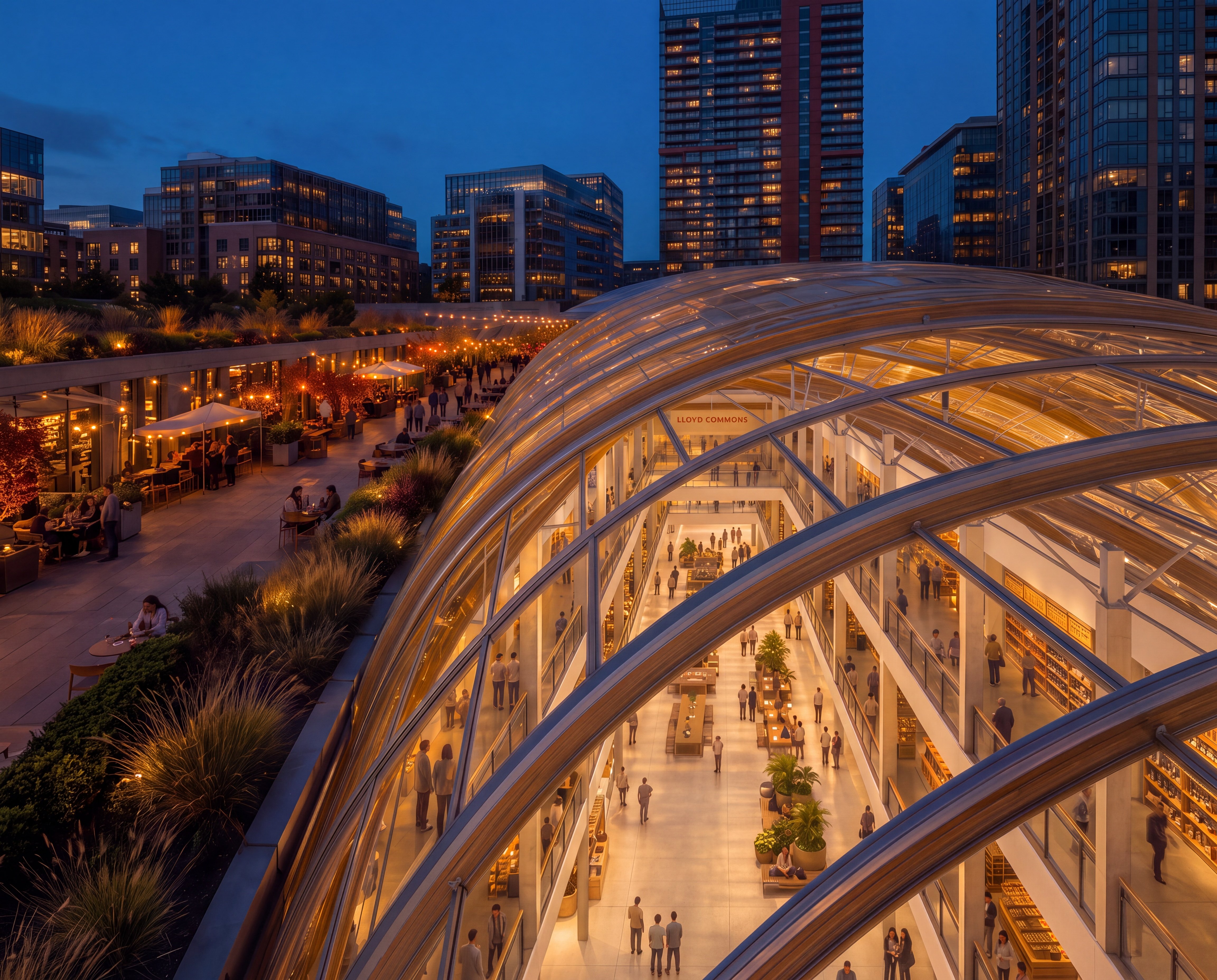 Blue hour on the rooftop park: diners along a planted terrace beside a curved glass skylight over the lit atrium, with downtown towers beyond.