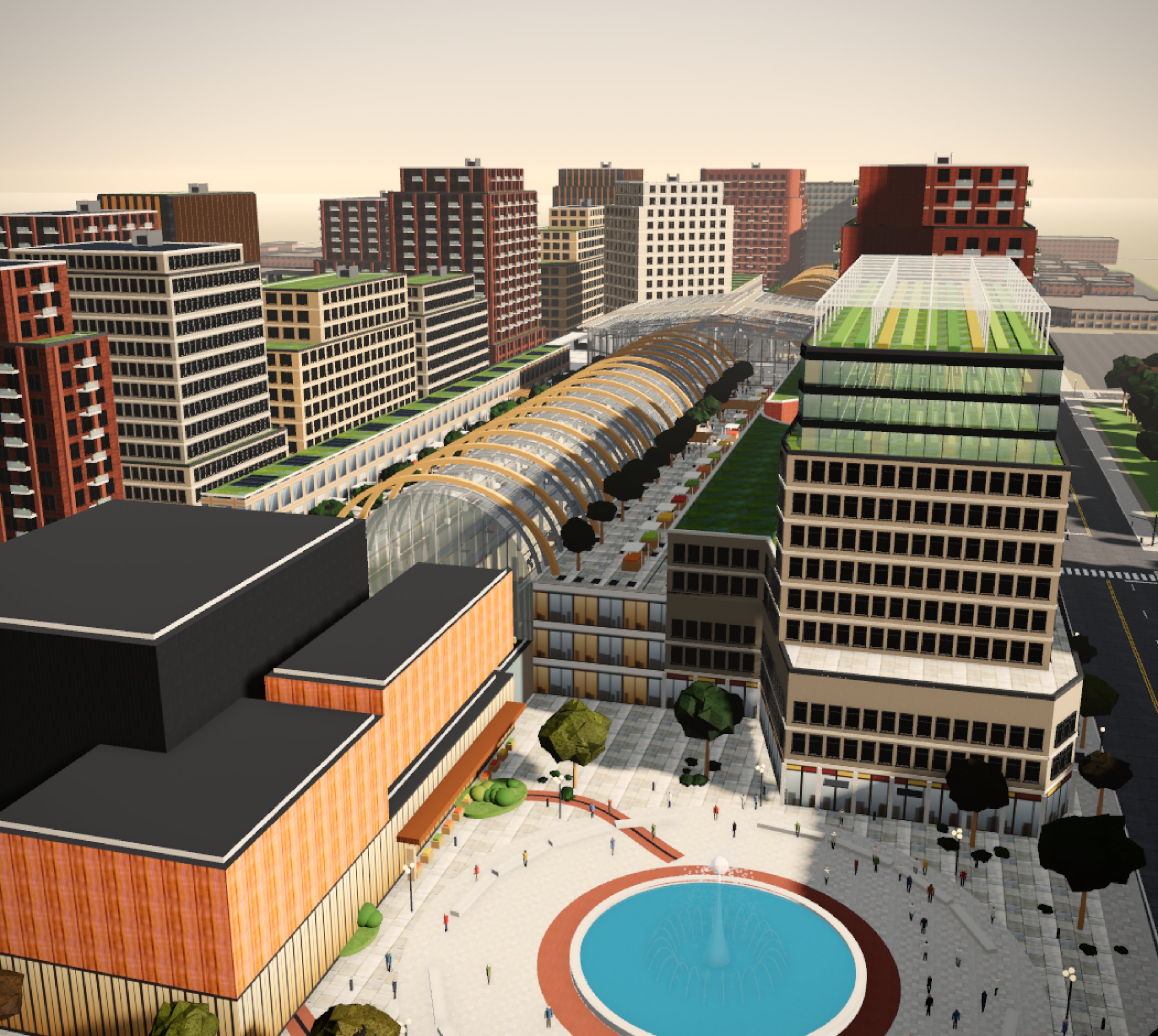 Open the 3D model. An abstract view of the concept: a glass galleria, a round fountain plaza, and towers around a roof garden.