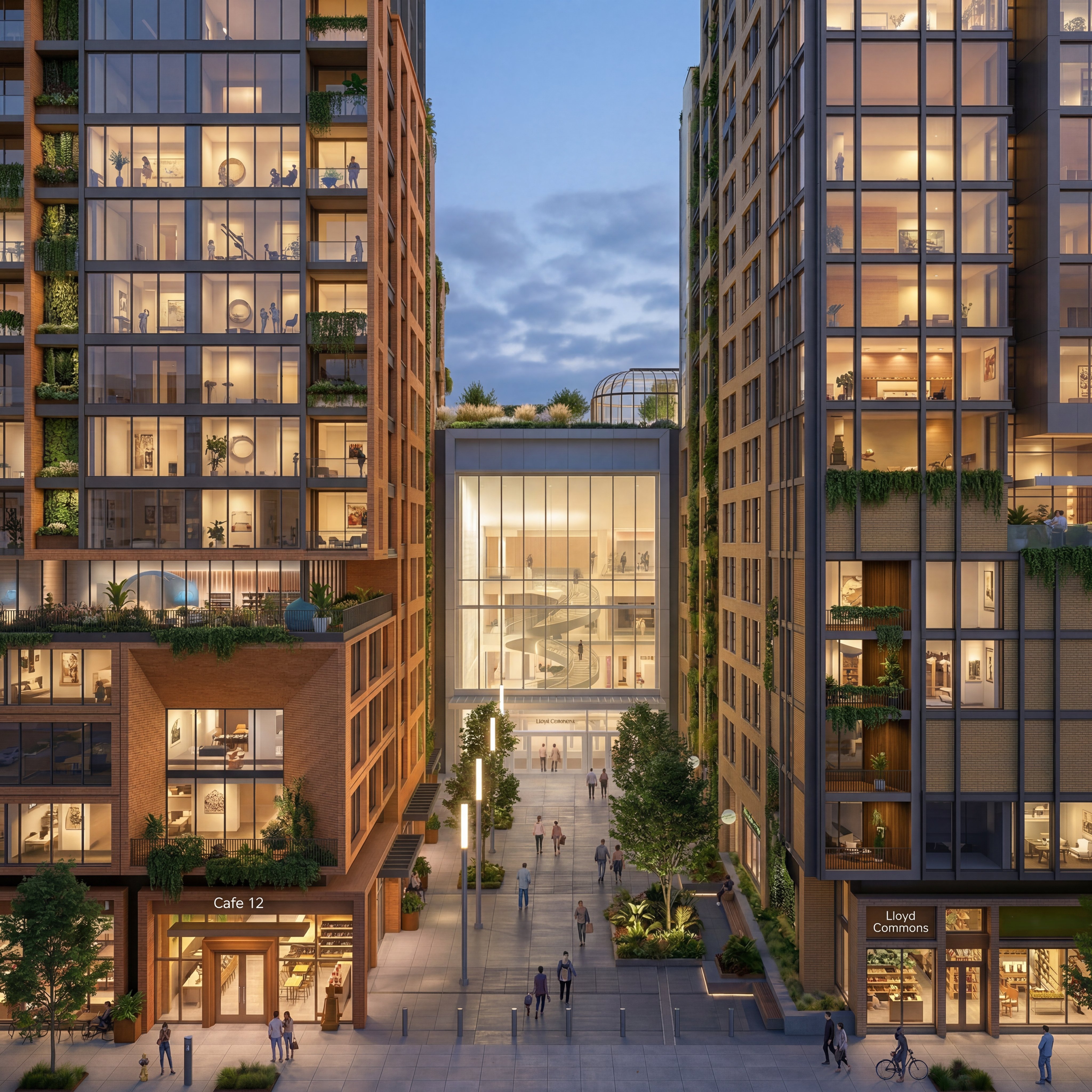 Dusk at the west entrance: a planted walk between lit residential towers leading to a glass lobby, with shops at street level.